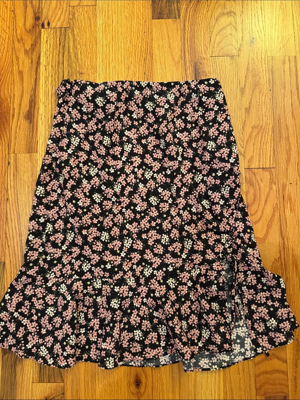 INTERMIX Black Midi Skirt with Pink Floral Ruffle Hem
